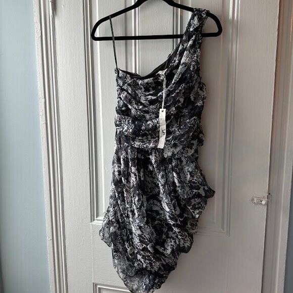 Silk Blend Dress Womens Medium One Shoulder Mini Dress Y2K Ruched Party NWT - Picture 1 of 6